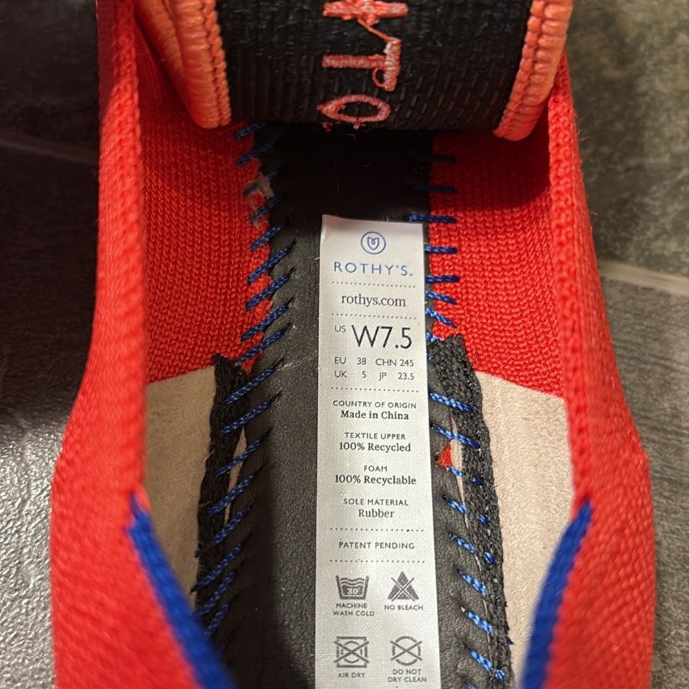 Rothy's Coral-Red Pointed Knit Flats with Blue Trim - Picture 5 of 10